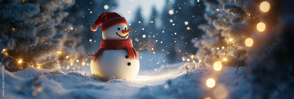 Obraz premium Cheerful Snowman with Santa Hat and Scarf in a Snowy Forest at Night