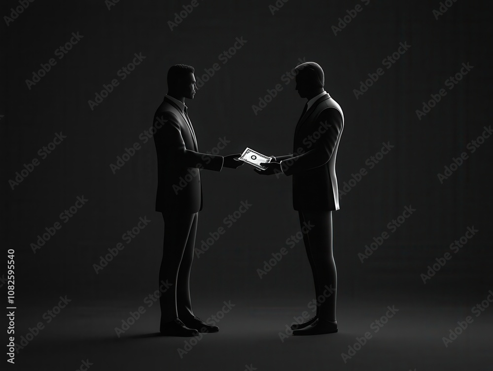 Bribery and corruption, shadowy figure exchanging money, 3D illustration Bribery and corruption, shadowy figure exchanging money, 3D illustration