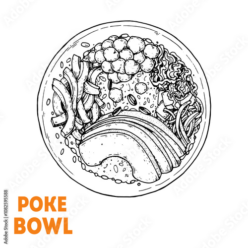 Poke Bowl sketch. Hawaiian Food vector illustration. Poke bowl dish. Food menu design element. Hand drawn sketch. Vintage style.