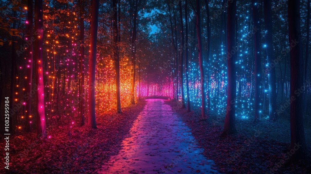Fototapeta premium A magical path through a forest, illuminated by colorful fairy lights.