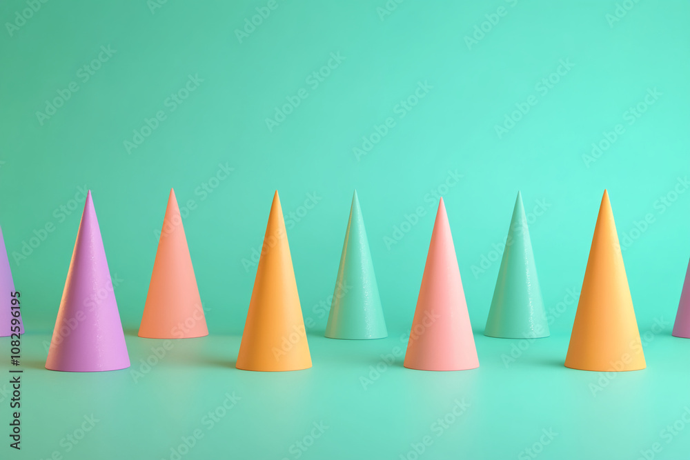 Colorful party hats arranged in a row on a bright green background Colorful party hats arranged in a row on a bright green background