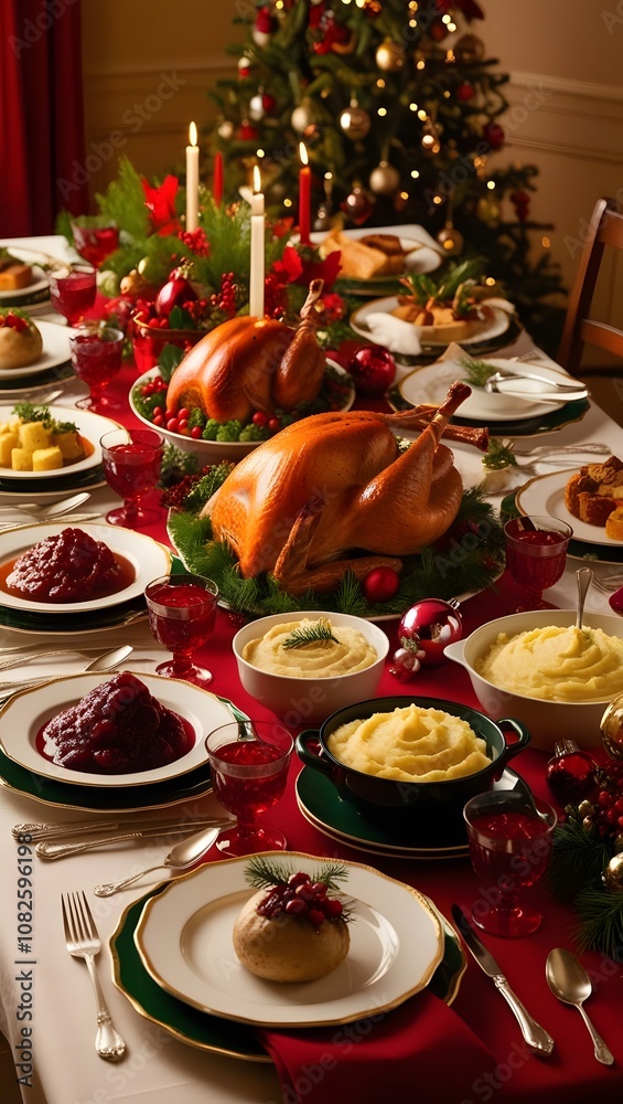 Christmas dinner table with festive food Christmas dinner table with festive food