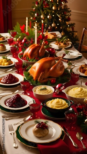 Christmas dinner table with festive food