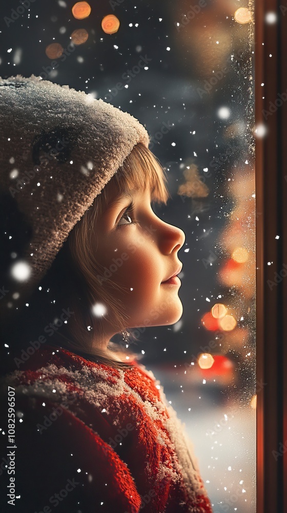 1980s, hyper realistic, a kid looking through a window with snow, outside view, christmas decorations, generative ai 1980s, hyper realistic, a kid looking through a window with snow, outside view, christmas decorations, generative ai