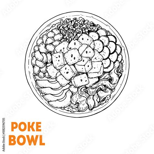 Poke Bowl sketch. Hawaiian Food vector illustration. Poke bowl dish. Food menu design element. Hand drawn sketch. Vintage style.