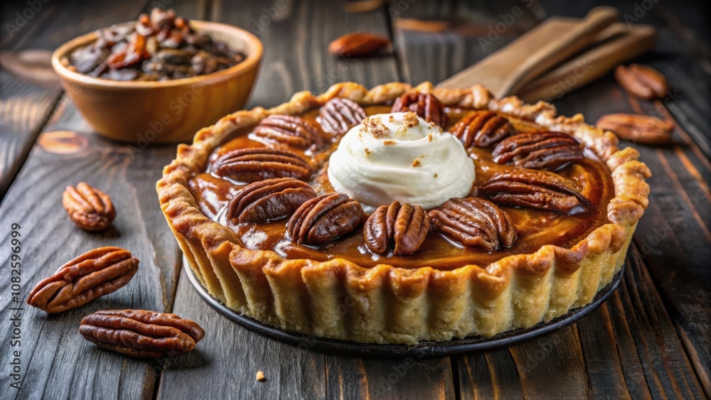 A pecan pie with a smooth caramel filling and a dollop of whipped cream, ready to be enjoyed. A pecan pie with a smooth caramel filling and a dollop of whipped cream, ready to be enjoyed.