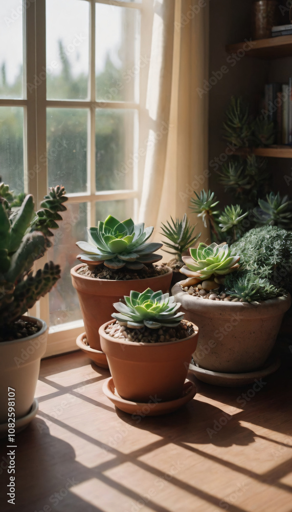 Assorted succulent plants in terracotta pots arranged near a sunlit window Assorted succulent plants in terracotta pots arranged near a sunlit window