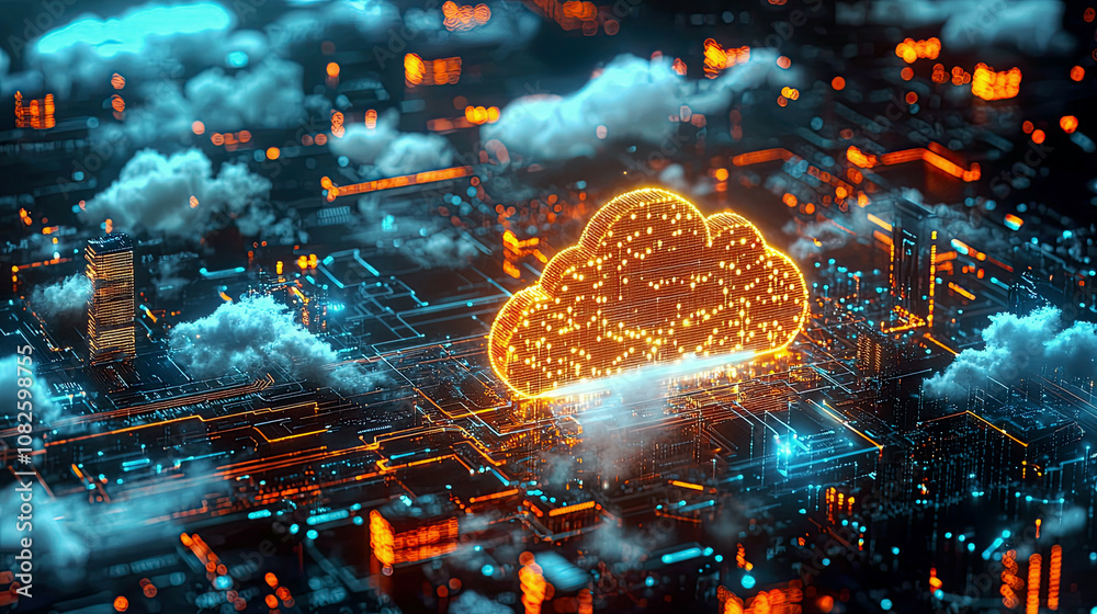 Complex multi-layer encryption protocols safeguarding cloud data, glowing holographic defense Complex multi-layer encryption protocols safeguarding cloud data, glowing holographic defense
