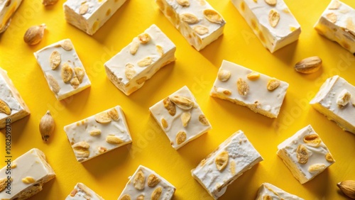 White nougat squares with almonds on a vibrant yellow background, a sweet and tempting treat. photo