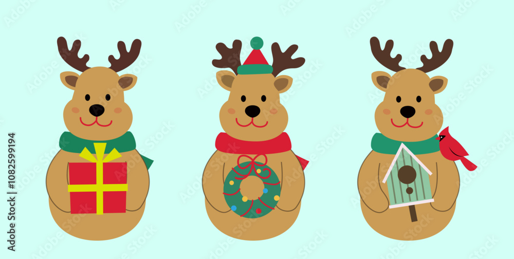 Naklejka premium Set of cute Christmas deer flat vector stock illustration.