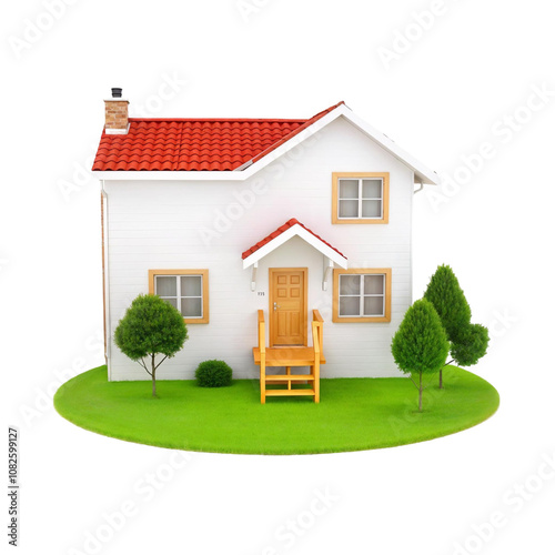 3D rendering of a small, two-story house with a sloping roof. png image transparent background,