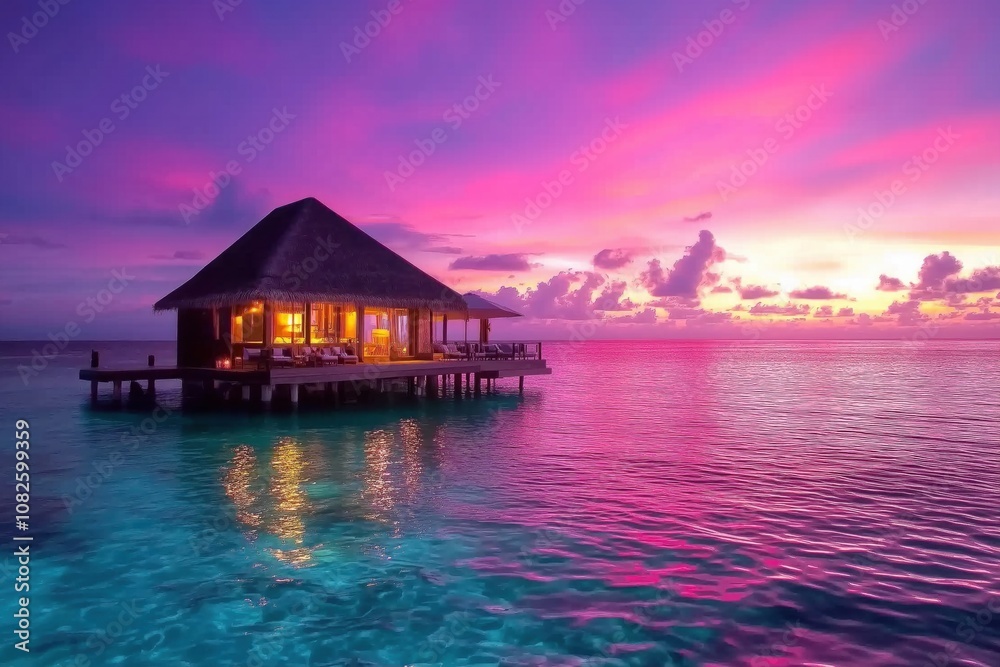 Sunset over tranquil turquoise ocean and luxurious overwater bungalow in idyllic tropical paradise with vibrant pink and purple hues Sunset over tranquil turquoise ocean and luxurious overwater bungalow in idyllic tropical paradise with vibrant pink and purple hues