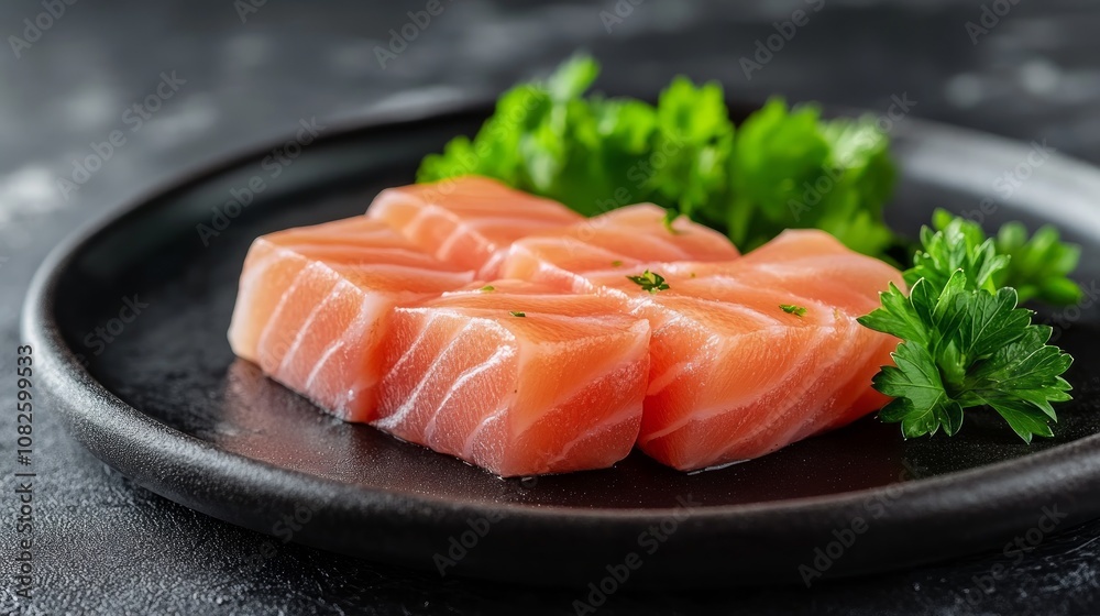 Close-up of fresh salmon fillets on a black plate with parsley. Close-up of fresh salmon fillets on a black plate with parsley.