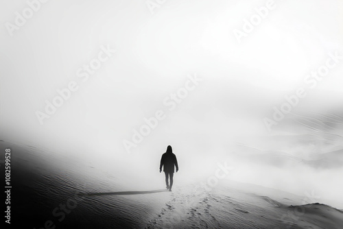 A person walking through a desolate, monochrome landscape, no color in sight, symbolizing the bleakness and lack of joy in depression.