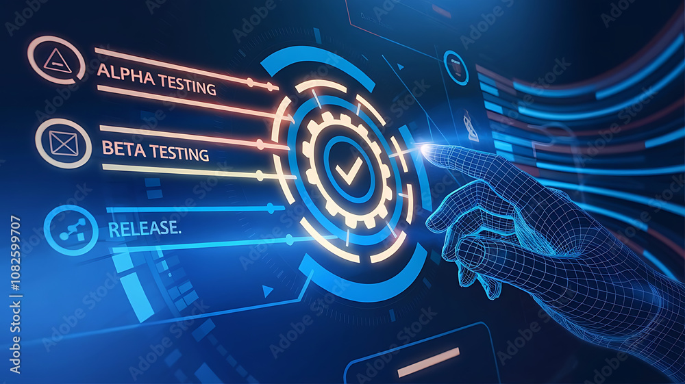 Futuristic Interface of Software Development Lifecycle with Testing Phases, software development, alpha testing, beta testing, release phase, software lifecycle. Futuristic Interface of Software Development Lifecycle with Testing Phases, software development, alpha testing, beta testing, release phase, software lifecycle.