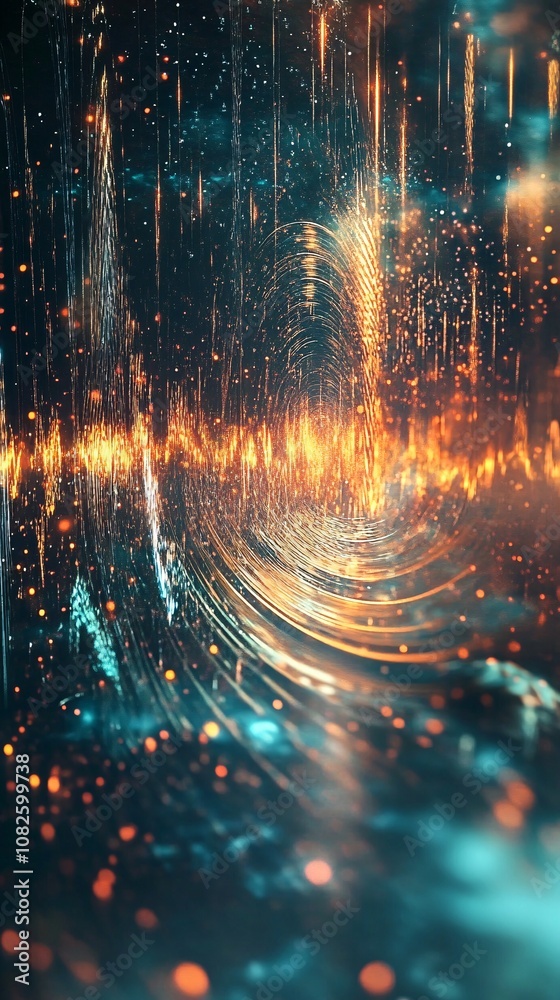 Golden and teal particles flowing in digital tunnel Golden and teal particles flowing in digital tunnel