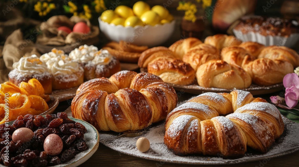 Easter in Italy is celebrated with delicious treats like flaky puff pastries, sweet braided breads with raisins and candied orange peel. Easter in Italy is celebrated with delicious treats like flaky puff pastries, sweet braided breads with raisins and candied orange peel.