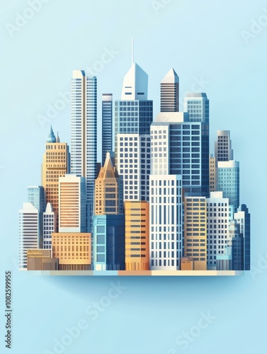 A stylized cityscape with a variety of modern buildings, showcasing a sense of progress, urban development, and architectural diversity. This image embodies concepts like urban growth, contemporary ar