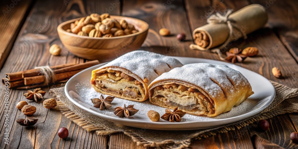 Sweet Apple Strudel with Powdered Sugar, Cinnamon Sticks, and Star Anise on a Rustic Wooden Table