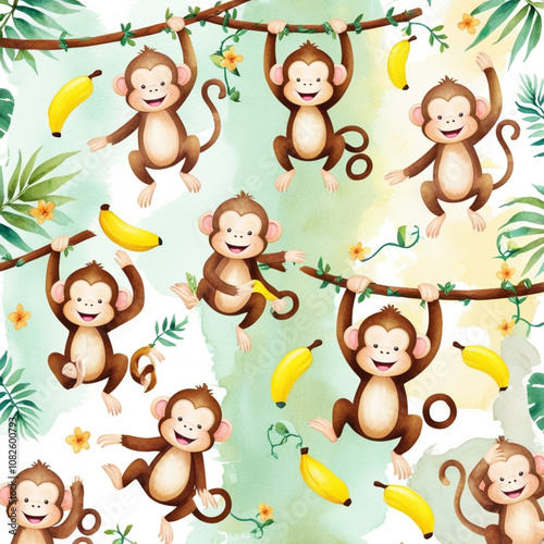 In a lush tropical environment, several playful monkeys swing on vines, happily interacting with each other and enjoying bananas surrounding them. generative ai