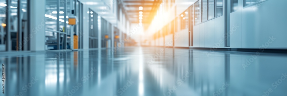 A large, empty hallway with a bright sun shining through the windows A large, empty hallway with a bright sun shining through the windows