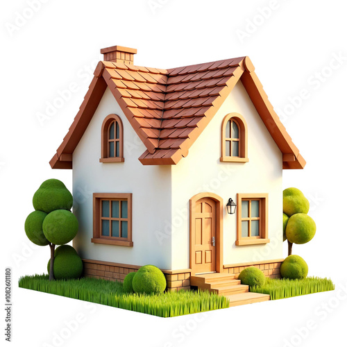 3D rendering of a small, two-story house with a sloping roof. png image transparent background,