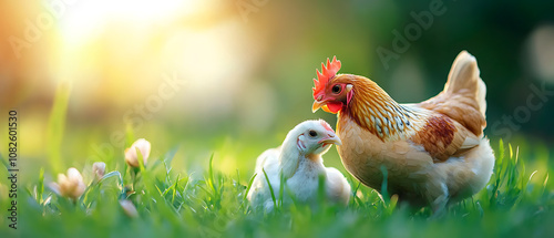 Chickens freeranging in pastures promote nature conservation and ethical farming practices photo