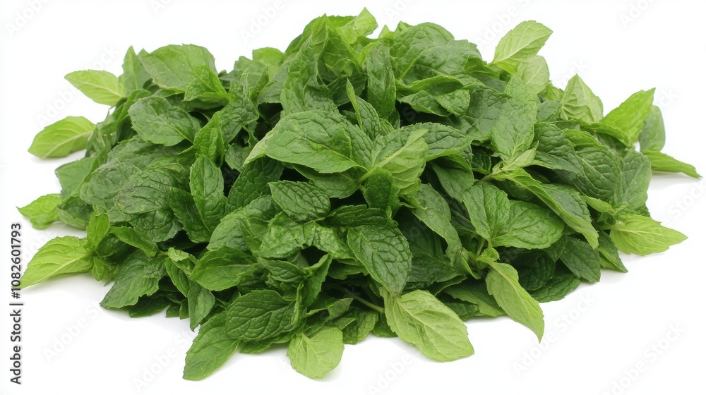 Fototapeta premium Fresh green mint leaves against a plain white backdrop.