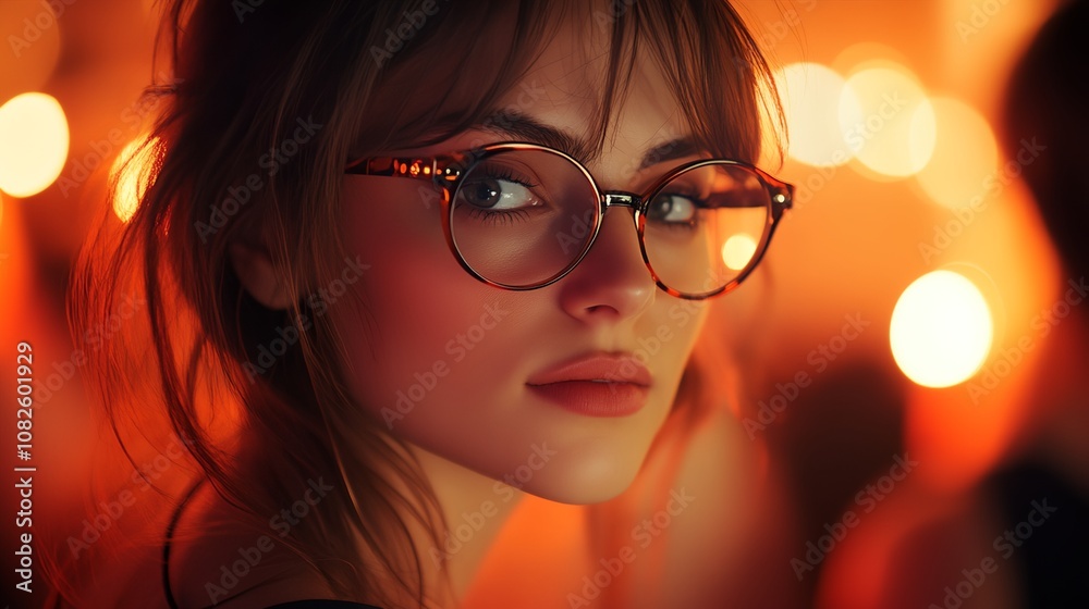 a woman wearing glasses with a blurry background of lights behind her a woman wearing glasses with a blurry background of lights behind her