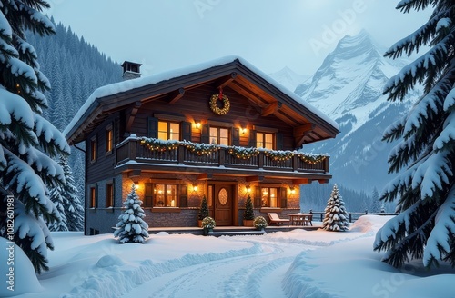 Wallpaper Mural A charming wooden house decorated with festive lights, surrounded by snow-covered trees and mountains. The concept of a holiday in the mountains for the Christmas holidays Torontodigital.ca