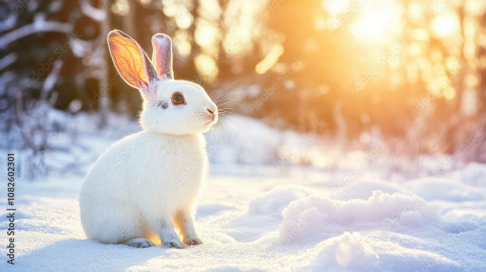 Cute Rabbit in Snowy Landscape at Sunset Cute Rabbit in Snowy Landscape at Sunset