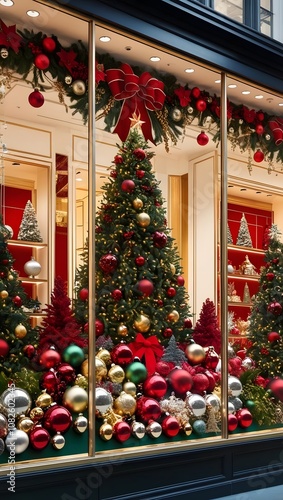 Christmas themed window display, department store, photorealistic style.