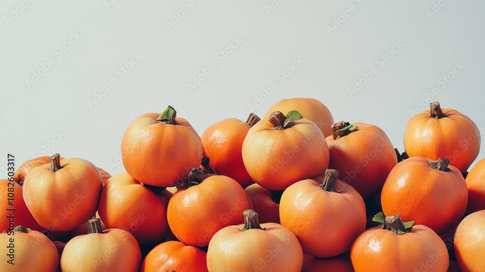 Juicy, orange persimmons piled together, set against a plain white background. Juicy, orange persimmons piled together, set against a plain white background.