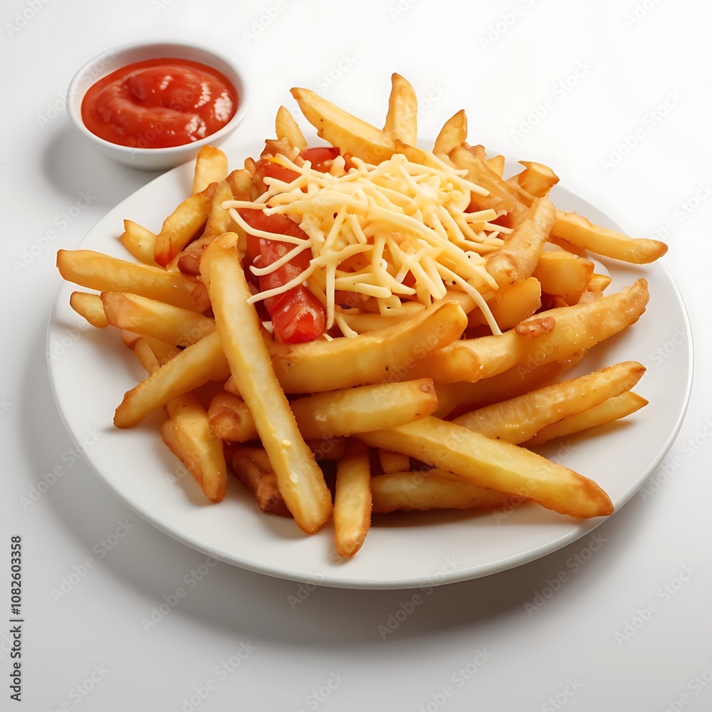 Delicious French fries with cheese tomato fried Served Delicious French fries with cheese tomato fried Served