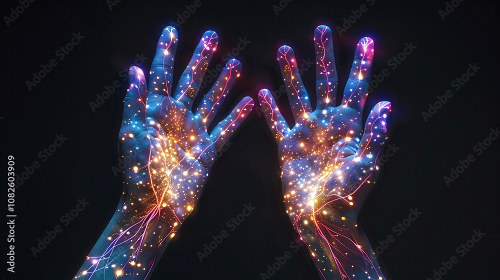 Glowing luminous hands emanating sparks of vibrant electrifying digital energy and light A mesmerizing futuristic abstract digital evoking technology innovation Glowing luminous hands emanating sparks of vibrant electrifying digital energy and light A mesmerizing futuristic abstract digital evoking technology innovation
