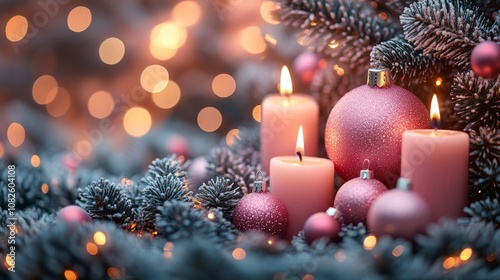 Christmas still life with pink ornaments and burning candles illuminating snowy fir branches