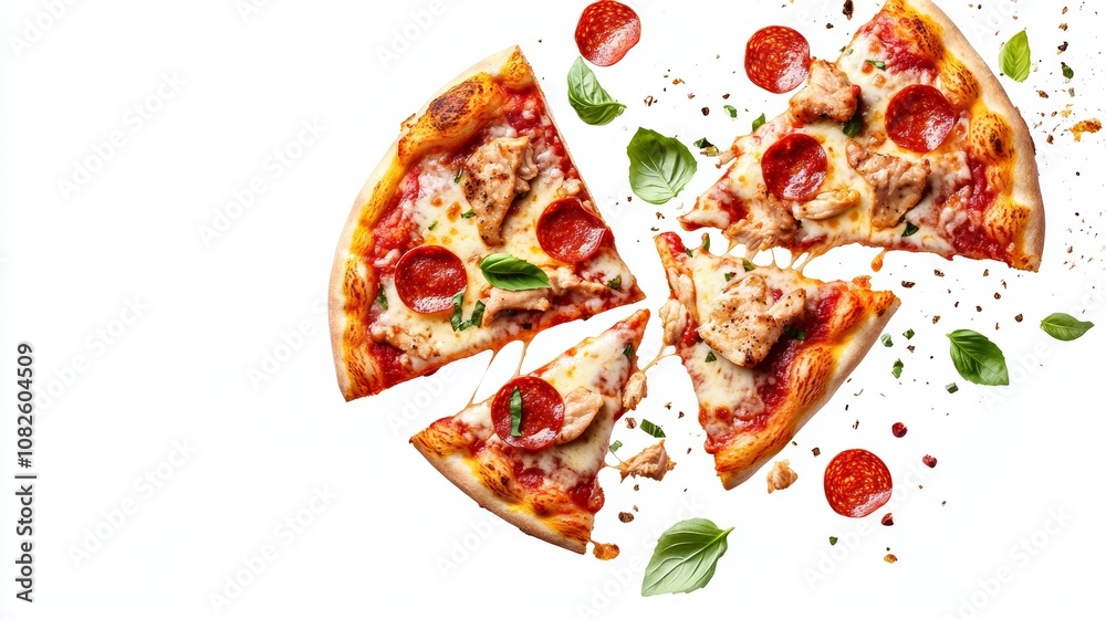 Pepperoni pizza slices with chicken, topped with melted cheese and basil, are flying through the air against a white background. Pepperoni pizza slices with chicken, topped with melted cheese and basil, are flying through the air against a white background.