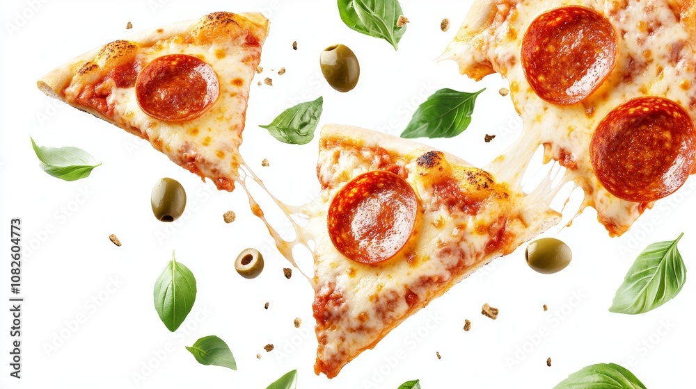 Pepperoni pizza slices with melted cheese and olives are floating in the air, with basil leaves scattered around. The slices look delicious against a white background. Pepperoni pizza slices with melted cheese and olives are floating in the air, with basil leaves scattered around. The slices look delicious against a white background.