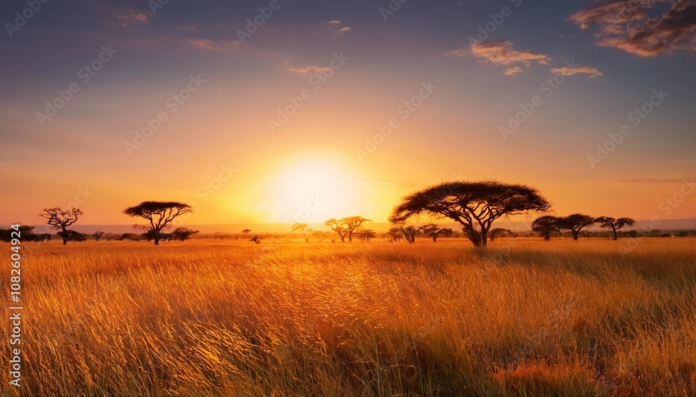 Expansive Savannah Stretching Under a Golden Sunset, With Tall Grasses Blowing in the Gentle Wind and Acacia Trees Silhouetted Against the Glowing Horizon Expansive Savannah Stretching Under a Golden Sunset, With Tall Grasses Blowing in the Gentle Wind and Acacia Trees Silhouetted Against the Glowing Horizon