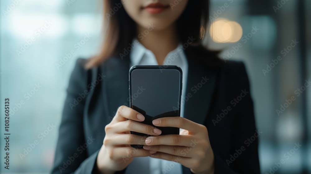 A businesswoman in a suit holds a smartphone, focusing on her device in a modern, professional environment. A businesswoman in a suit holds a smartphone, focusing on her device in a modern, professional environment.