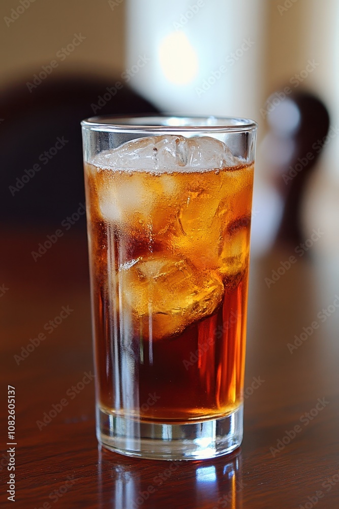 Refreshing iced tea with ice cubes on wooden table in sunlit room Refreshing iced tea with ice cubes on wooden table in sunlit room