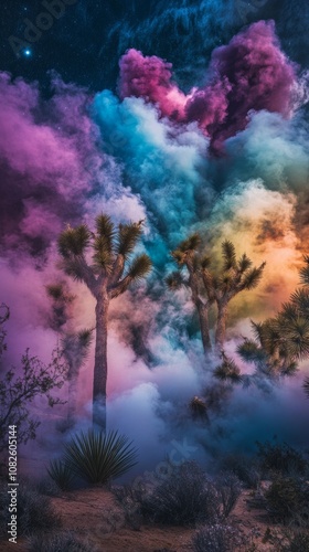 Wallpaper Mural Joshua trees emerging from colorful smoke under starry sky Torontodigital.ca