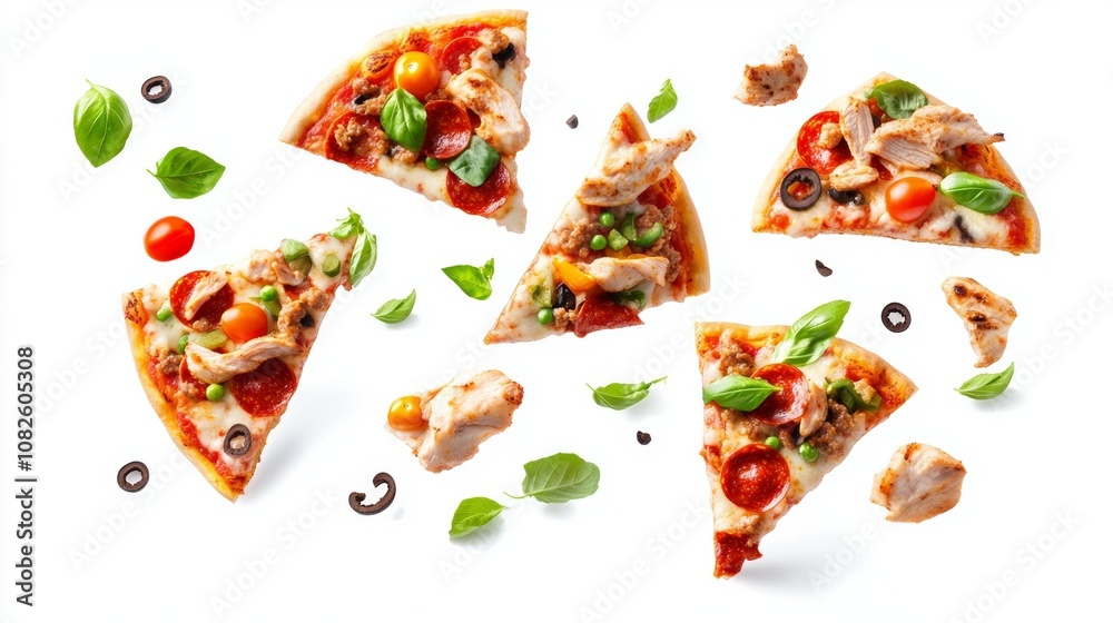 Pizza slices, topped with pepperoni, chicken, vegetables, tomatoes, and basil, seem to float in mid-air against a white background. It's a picture of delicious, Italian-style pizza. Pizza slices, topped with pepperoni, chicken, vegetables, tomatoes, and basil, seem to float in mid-air against a white background. It's a picture of delicious, Italian-style pizza.