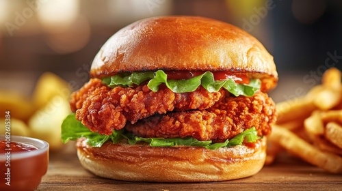 Vegan Kentucky Fried Chickn Crispy chicken sandwich with lettuce and ketchup on a bun photo