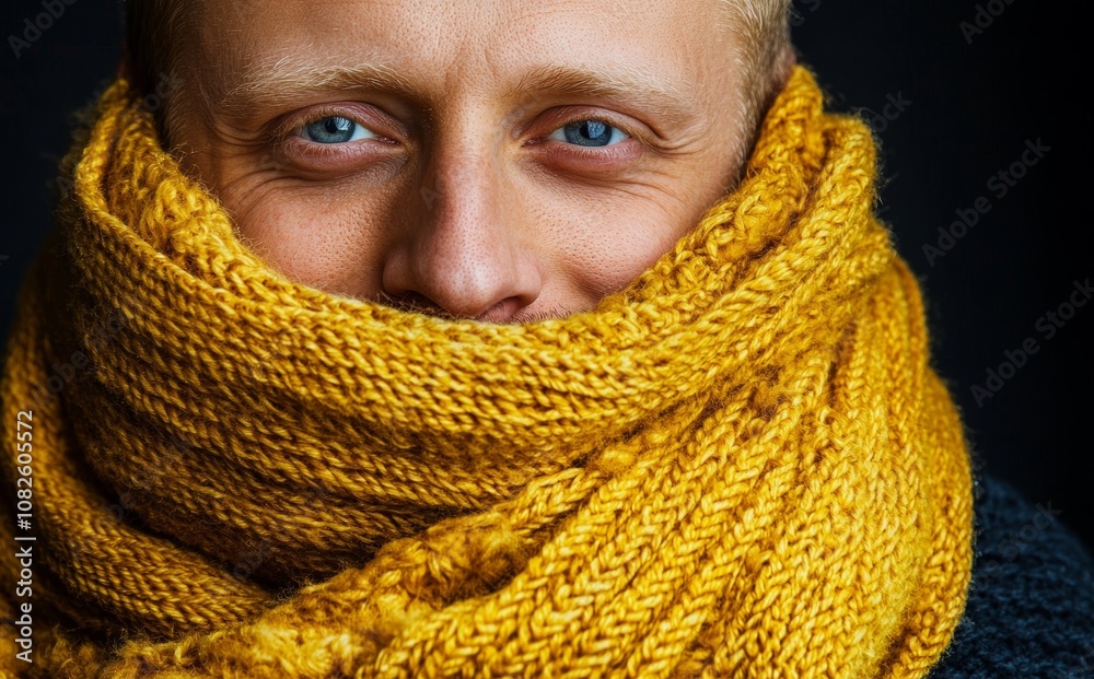 Against a black background, a smiling man wears a yellow scarf