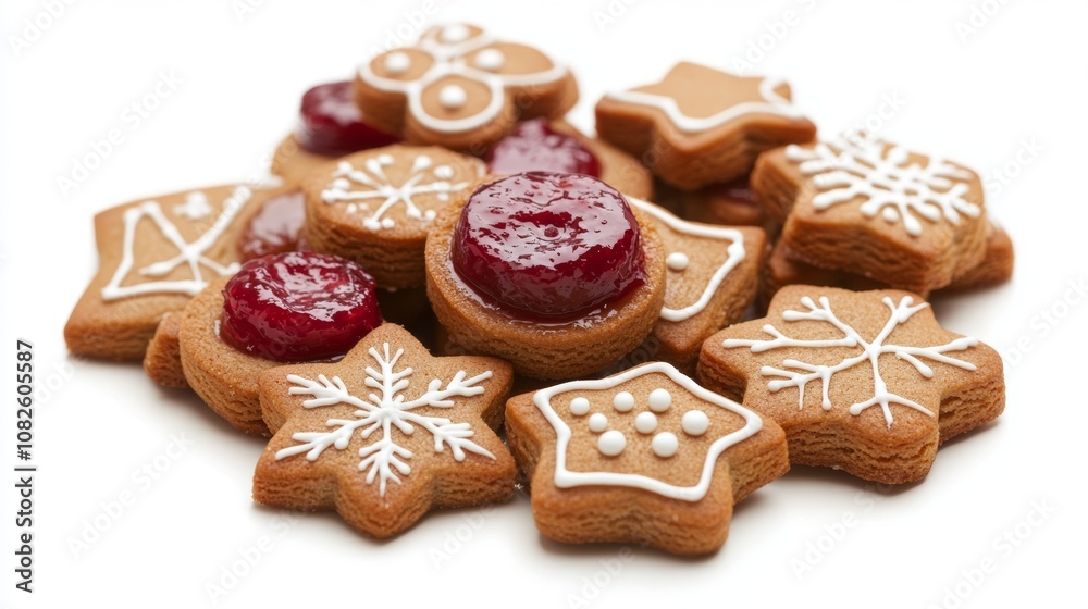 Russian gingerbread cookies, some with whole jam fillings, others with half fillings, are displayed on a white background. Russian gingerbread cookies, some with whole jam fillings, others with half fillings, are displayed on a white background.