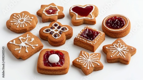 Russian gingerbread cookies, some with whole jam fillings, others with half fillings, are displayed on a white background.