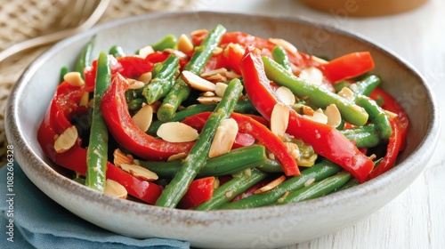 Fresh green bean and red pepper salad with toasted almonds in a rustic bowl