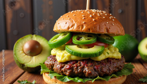 Avocado burger with jalapeño and fresh cucumber photo