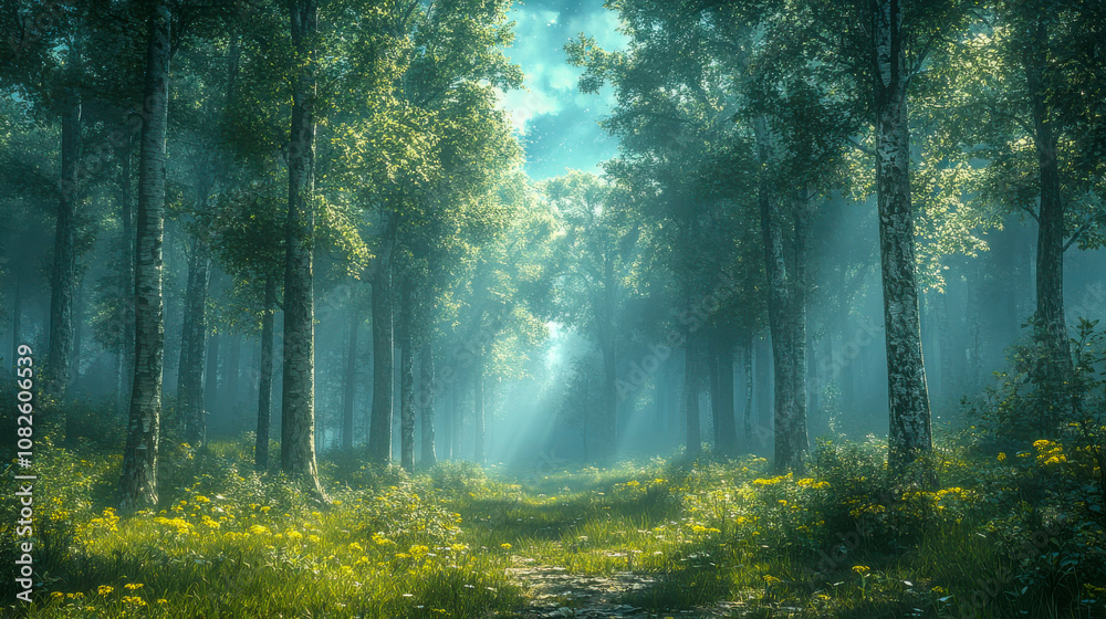 A serene forest illuminated by soft, ethereal sunlight filtering through trees, casting light on a path A serene forest illuminated by soft, ethereal sunlight filtering through trees, casting light on a path